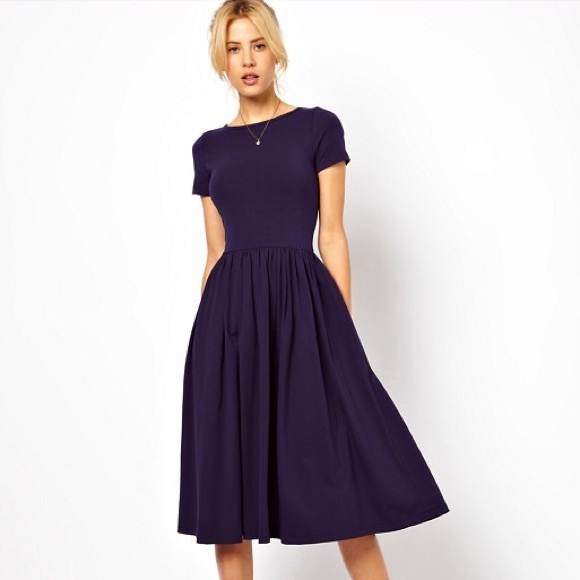 blue fit and flare midi dress